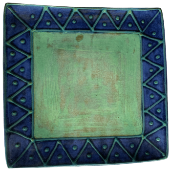 Square pottery design with green centre, turquoise sunburst on blue background.