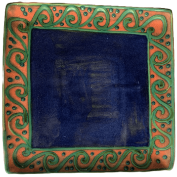 Square pottery design with blue centre, watermelon outer band with green waves.