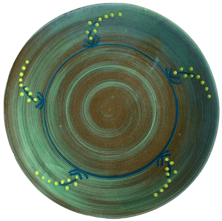 Pottery design with green background and green cornflowers/mimosas.