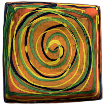 Square pottery design with orange and watermelon bands with lots of swirl colors.