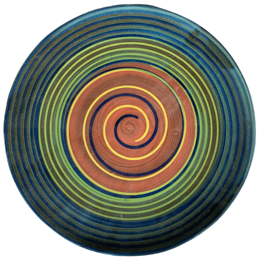 Round pottery design with green inner band, watermelon outer band with multicolored swirls.
