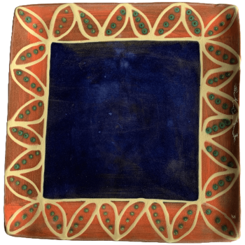Square pottery design with blue inner band, watermelon outer band with white pods and green seeds.